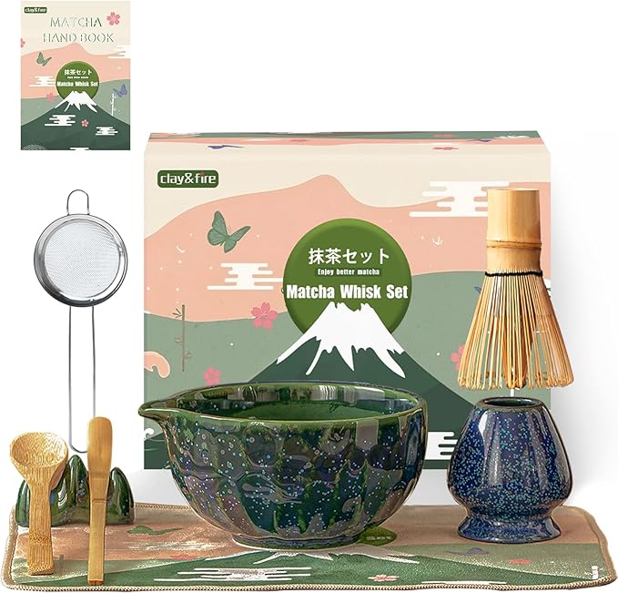 Clay&Fire Matcha Whisk Set，9 Pcs Ceramic Matcha Set, 15 OZ Matcha Bowl with Spout and Whisk for Friend, Ideal Gift for Matcha Lover（Starry） by FocusonMatchaWhiskSet