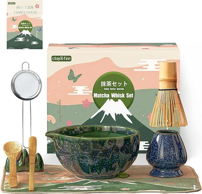 Clay&Fire Matcha Whisk Set，9 Pcs Ceramic Matcha Set, 15 OZ Matcha Bowl with Spout and Whisk for Friend, Ideal Gift for Matcha Lover（Starry） by FocusonMatchaWhiskSet