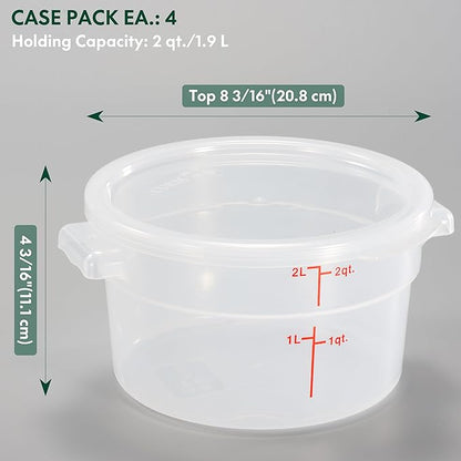 CURTA 2 Quart Translucent Round Food Storage Container with Lid, Pack of 4 – NSF Listed, BPA-Free, Commercial-Grade Polypropylene, Freezer & Dishwasher Safe, Non-Stick, Easy-Read Graduations