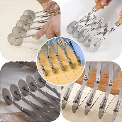 Juome 5 Wheel Pastry Cutter with Wooden Handle, Multi-Round Wheel Pasta Dough Cutter Roller Pizza Slicer Accordion Pastry Knife Divider Tool - Image 3
