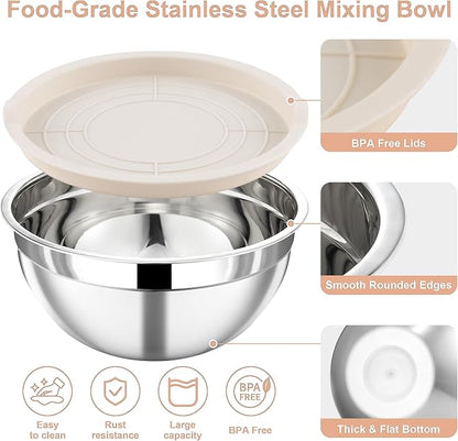 7 Piece Stainless Steel Mixing Bowls with Lids Set - Khaki Nesting Metal Mixing Bowls for Kitchen, Sizes 4.5, 4, 3.5, 2.1, 1.5, 1.1, 0.7 Qt for Baking, Cooking and Serving, Dishwasher Safe