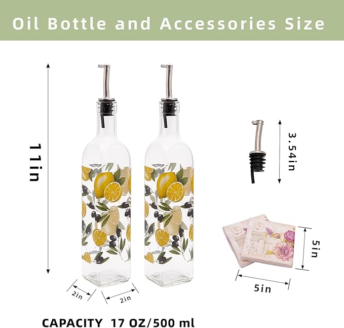 Topadorn 17 oz Olive Oil Dispenser Bottle Set for Kitchen, 2 Pcs Glass Oil Dispenser Bottle with Stainless Steel Pourers, 2 Packs of Napkins, Lemon