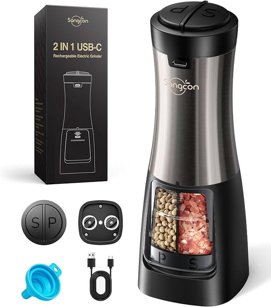 Sangcon Electric Salt and Pepper Grinder Set Shakers 2 IN 1 - USB RECHARGEABLE Salt and Pepper Mill Set All in One, Automatic Refillable Adjustable Coarseness Ceramic Grinder with Light by Sangcon