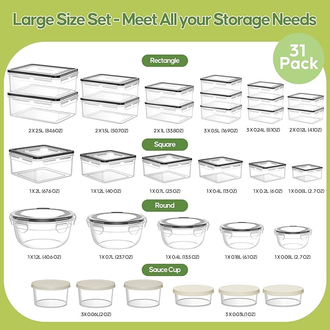 62 PCS Large Food Storage Containers with Lids Airtight (31 Lids & 31 Containers)- 85 OZ Reusable Plastic Leakproof Meal-Prep Container for Kitchen Storage Organization Microwave/Dishwasher Safe - Image 2