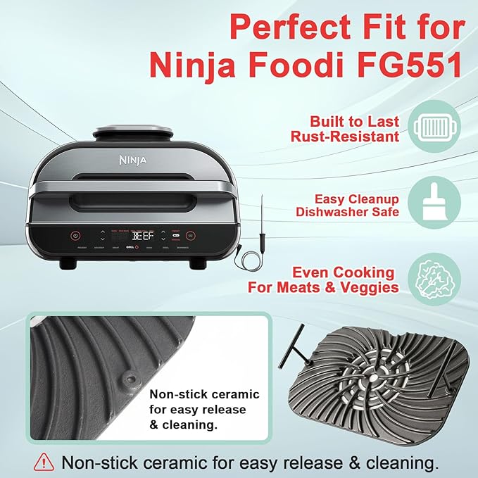 Grill Grate for Ninja Foodi FG551 Grill Accessories, Cast Iron Griddle Plate Replacement Parts for Ninja Foodi Smart XL 6-in-1 Grill, Non-Stick, 13.36"x9.1"
