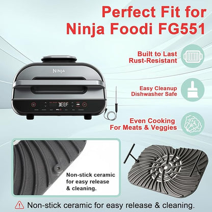 Grill Grate for Ninja Foodi FG551 Grill Accessories, Cast Iron Griddle Plate Replacement Parts for Ninja Foodi Smart XL 6-in-1 Grill, Non-Stick, 13.36"x9.1"