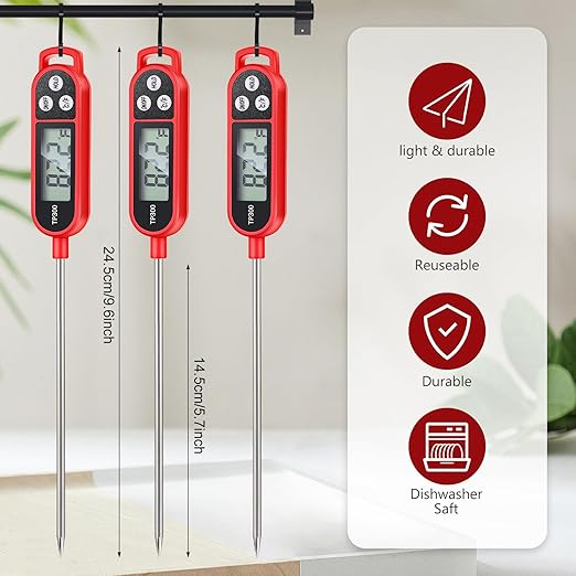 Copkim 6 Pcs Instant Read Meat Thermometer with Long Probe 9.65 Inch Kitchen Cooking Food Candy Waterproof Digital Thermometer for BBQ Water Milk Yogurt Liquid Cooking(Red) - Image 2