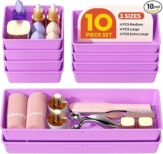 10 Pack Large Size Plastic Drawer Organizers Set, 3 Sizes Desk Drawer Organizer Trays, Storage Bins for Vanity, Makeup, Bathroom, Kitchen Utensils and Office (Purple)