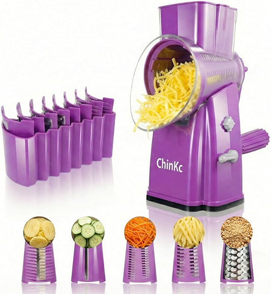 Upgrade Rotary Cheese Grater Shredder with Handle, Strong Suction Base, Multi-purpose Rotary Grater Slicer with 5 Interchangeable Blades for Ice, Vegetables, Fruit, Nuts with Blade Storage Box by ChinKc