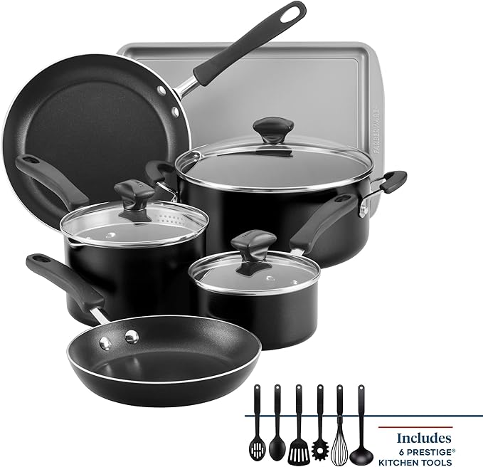 Farberware Cookstart DiamondMax Nonstick Cookware/Pots and Pans Set with Glass Lids, Dishwasher Safe, Includes Baking Pan and Kitchen Cooking Tools, 15 Piece - Black - Image 3