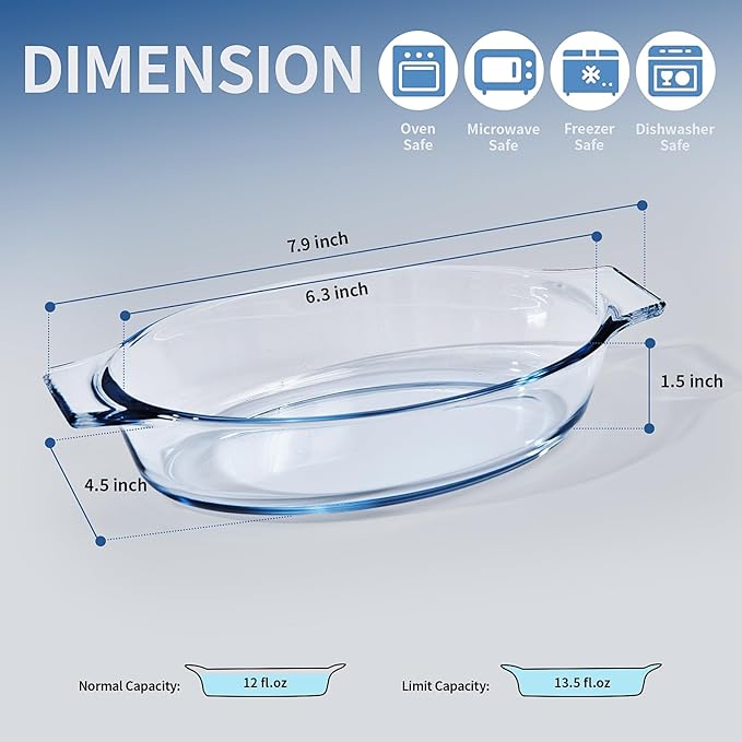 Mini Casserole Dish Oval 4 Pack, 13oz Glass Baking Dish, Banana Split Bowls, Single Serving, Individual Bakeware Baking Pans for Oven Microwave Air Fryer, Clear Prep Bowls - Image 3
