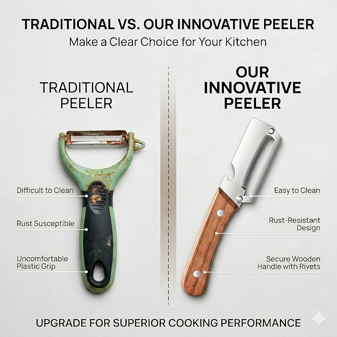 2-in-1 Vegetable Peeler with Wooden Handle, Premium Stainless Steel Peeler with Built-in Bottle Opener, Multifunctional Kitchen Tool for Potato, Apple, Carrot, Pumpkin (1) - Image 2