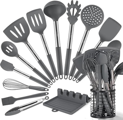 HOTEC 446°F Heat Resistant Silicone Kitchen Utensils, Cooking Utensil Set, Spatula Set, BPA Free, Kitchen Gadgets, with Stainless Steel Utensils Holder, Dishwasher Safe, 14pcs Grey by Hotec