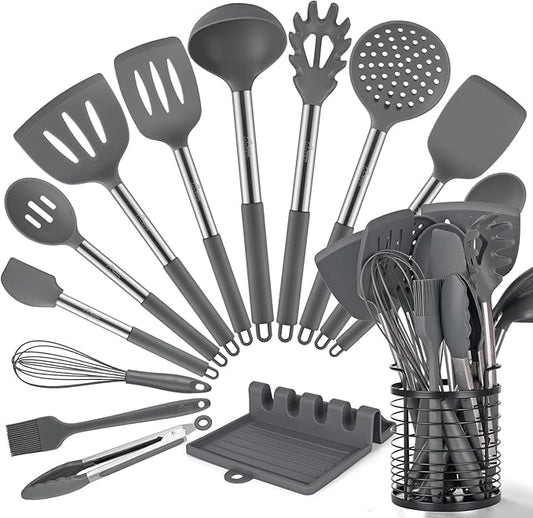 HOTEC 446°F Heat Resistant Silicone Kitchen Utensils, Cooking Utensil Set, Spatula Set, BPA Free, Kitchen Gadgets, with Stainless Steel Utensils Holder, Dishwasher Safe, 14pcs Grey by Hotec