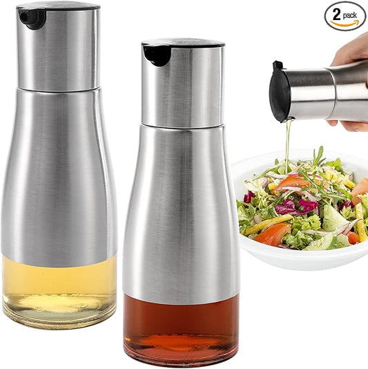 Tebery 2 Pack Silver Olive Oil and Vinegar Dispenser Set, 10OZ Oil Dispenser Cruet with Easy & Drip Free Pouring, Elegant Stainless Steel with Glass Bottom by Tebery