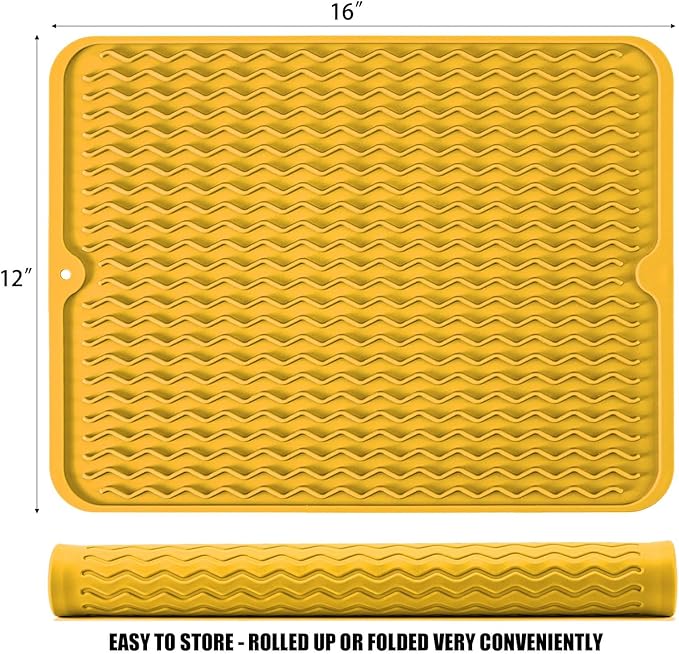 Silicone Dish Drying Mat for Multiple Usage, Easy clean, Eco-friendly, Heat-resistant Dish Drainer Mat for Kitchen Counter,Sink,Refrigerator or Drawer liner (16" x 12", Yellow) - Image 2