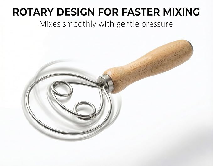 Danish Dough Whisk for Sourdough Bread, Stainless Steel Bread Dough Whisk with Wooden Handle, Manual Dough Mixer Tool for No Knead Bread, Pizza, Baking & Starter Mixing