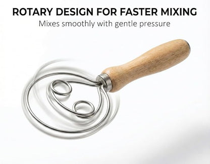 Danish Dough Whisk for Sourdough Bread, Stainless Steel Bread Dough Whisk with Wooden Handle, Manual Dough Mixer Tool for No Knead Bread, Pizza, Baking & Starter Mixing