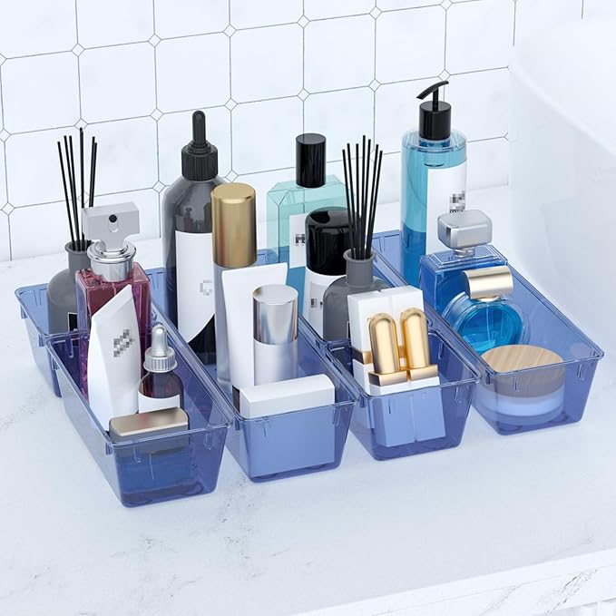 WOWBOX 9 Pack Clear Drawer Organizer Set, Acrylic Drawer Storage Trays, Storage Bins for Makeup, Cosmetics, Jewelries, Utensils, Gadgets, Office, Dark Blue - Image 6
