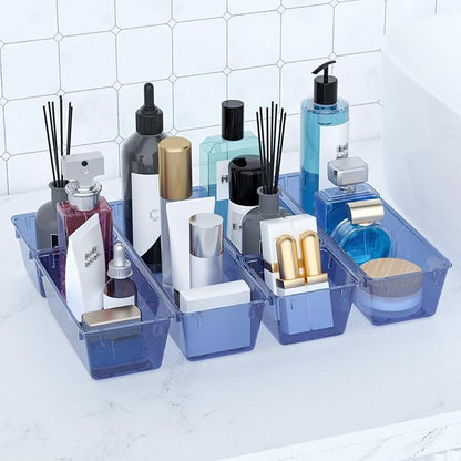 WOWBOX 12 Pack Clear Drawer Organizer Set, Acrylic Drawer Storage Trays, Storage Bins for Makeup, Cosmetics, Jewelries, Utensils, Gadgets, Office, Dark Blue - Image 6
