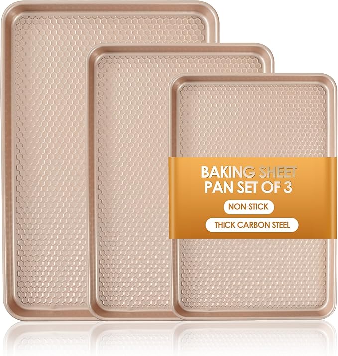 Baking Sheet Pan Set of 3, Nonstick Carbon Steel Cookie Sheets with Texture, Commercial Half/Quarter/Jelly Roll Pans Replacement Toaster Oven Tray, Heavy Duty & Easy Clean, Rose Gold by Deedro