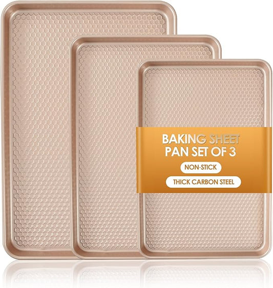 Baking Sheet Pan Set of 3, Nonstick Carbon Steel Cookie Sheets with Texture, Commercial Half/Quarter/Jelly Roll Pans Replacement Toaster Oven Tray, Heavy Duty & Easy Clean, Rose Gold by Deedro