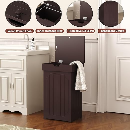 Function Home Trash Can Cabinet, 13 Gallon Kitchen Garbage Can, Wood Recycling Trash Bin, Freestanding Dog Proof Trash Can, Farmhouse Trash Cabinet with Lid for Home Kitchen Bathroom, Coffee - Image 8