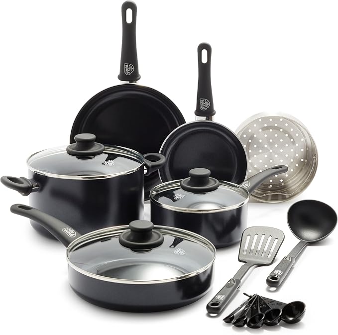 GreenLife Soft Grip Healthy Ceramic Nonstick 12 Piece Kitchen Cookware Pots and Frying Sauce Saute Pans Set, PFAS-Free with Kitchen Utensils and Lid, Dishwasher Safe, Black