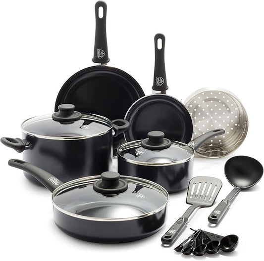 GreenLife Soft Grip Healthy Ceramic Nonstick 12 Piece Kitchen Cookware Pots and Frying Sauce Saute Pans Set, PFAS-Free with Kitchen Utensils and Lid, Dishwasher Safe, Black