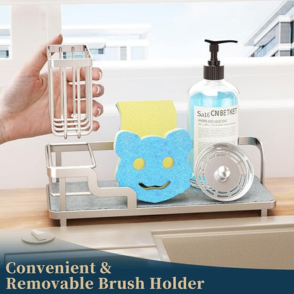 Consumest Sponge Holder for Kitchen Sink - Sink Caddy Organizer with Water Absorbing Stone Tray, Detachable Brush Holder, Stainless Steel Kitchen Counter Organizer Rack, Sand Nickel - Image 3