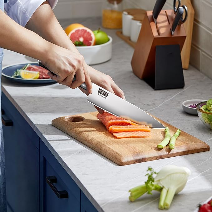 MDHAND Chef Knife Set with Roll Bag, 10PCS Professional Knife Set with Sharpener, High Carbon Stainless Steel Japanese Kitchen Knives - Black Pakkawood Handle, Dishwasher Safe, For Cooking, Chef Gifts