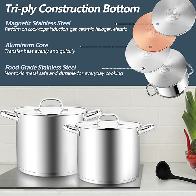 E-far 12 Quart Cooking Stock Pot, Large Stainless Steel Pot for Canning Simmering Stewing, Heavy Duty Cookware with Tri-ply Base for Induction Gas Stoves, Soup Pots with Glass Lid, Dishwasher Safe - Image 4