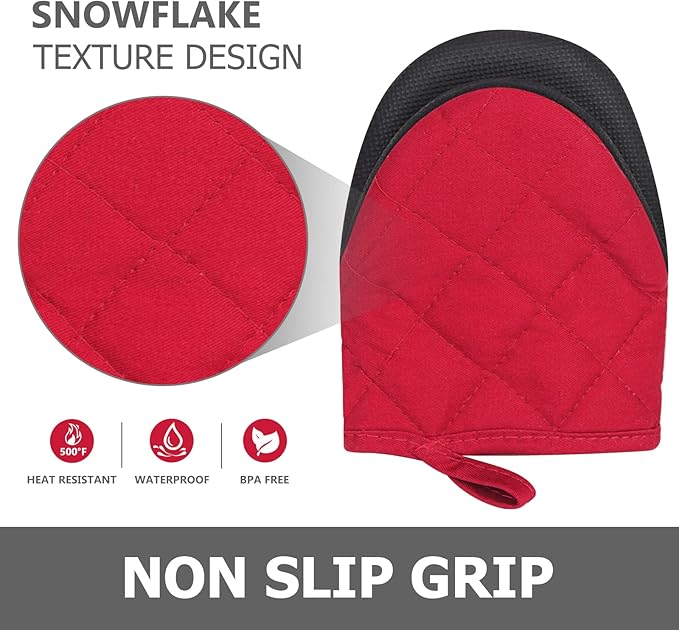 1 Pair Short Oven Mitts - Silicone Kitchen Oven Gloves High Heat Resistant 500℉, Mini Oven Mits with Non-Slip Grip Surfaces and Hanging Loop for BBQ, Baking, Cooking and Grilling (Red) - Image 5
