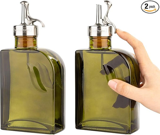 Olive Green 12oz Glass Olive Oil Bottle Dispenser - 350ml Oil and Vinegar with Pourers and Funnel - Oil Dispenser Bottle for Kitchen