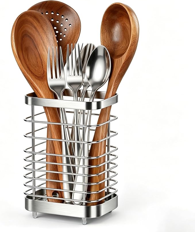 Utensil Holder, Stainless Steel Utensil Drying Rack for Kitchen Counter, Silverware Cutlery Flatware Holder Forks, Knives, Spoons, Chopsticks Organizer (Silver) by IWNTWY