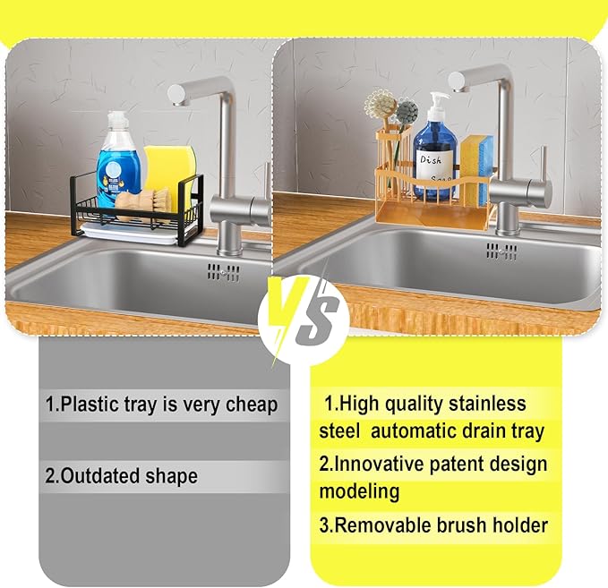 Fssvcd Maifan Sink Caddy Sponge Holder for Kitchen with Brush Holder and Stainless Steel Self Drain Tray, Rustproof Kitchen Sink Organizer for Sponge, Soap Dispenser Storage Accessories - Image 4