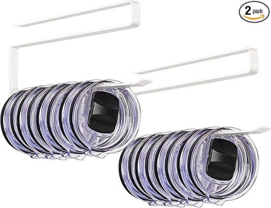 Tumbler Lid Organizer 2 Pack Tumbler Lid Storage Hook Up to 20 Lids, Space Saving Cup Lid Organizer Under Cabinet Tumbler Lid Hanger for Kitchen Storage, Horizontal Paper Towel Hanger (White)