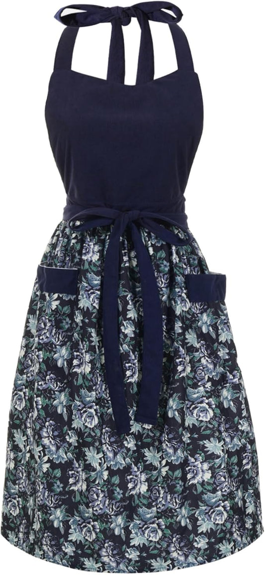 Cute Floral Aprons for Women with Pockets,Cotton Adjustable Neck Strap Apron for Kitchen Cooking Baking Gardening