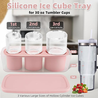 Tcamp Ice Cube Tray for 30 oz Tumbler Cup Ice Mold, 3 Pcs Silicone Hollow Cylinder Ice Tray with Lid and Bin for Freezer, Ice Drink, Juice, Whiskey, Cocktail (Pink)