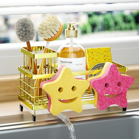 HapiRm Sink Caddy Sponge Holder - Self-draining Kitchen Sink Organizer with Smiley Face and Brush Holder, Stainless Steel Kitchen Sponge Caddy for Countertop - Gold by HapiRm