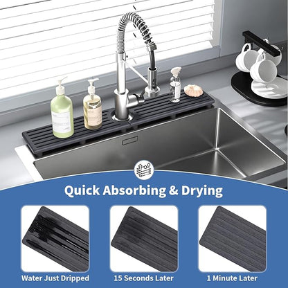 Faucet Mat for Kitchen Sink, Water Absorbent Kitchen Faucet Mat, Durable Sink Splash Guard with Raised Feet, Diatomite Fast Drying Kitchen Sink Faucet Mat, Stone Drying Tray for Bathroom Counter