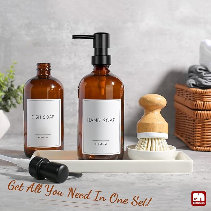 GMISUN Dish Soap Dispenser, 16 Oz Kitchen Soap Dispenser Set with Ceramic Tray & Bamboo Brush, 2 Pack Thick Amber Glass Soap Dispenser, Farmhouse Refillable Hand and Dish Liquid Soap Pump Bottle Set - Image 2