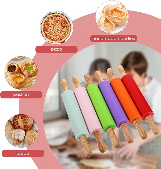 6 Pack Small Rolling Pins for Kids, Silicone Rolling Pin with Wooden Handle, Mini Rolling-Pins for Dough, Cookie, Pastry, 12 Inch (6 Colors) - Image 5