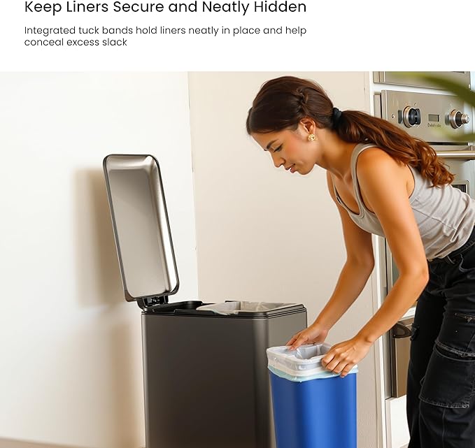 Home Zone Living 13 Gallon Slim Dual Compartment Kitchen Trash Can, Soft-Close Lid and Step Pedal, Stainless Steel, Matte Black