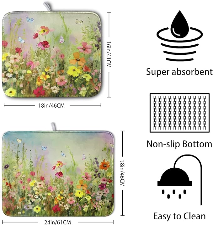 Spring Floral Dish Drying Mat for Kitchen Counter 16x18 Inch Sage Green Wild Flowers Drying Mats Spring Summer Plant Microfiber Absorbent Dish Rack Pad for Coffee Bar Sinks Home Accessories - Image 2