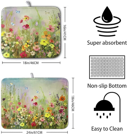 Spring Floral Dish Drying Mat for Kitchen Counter 18x24 Inch Sage Green Wild Flowers Drying Mats Spring Summer Plant Microfiber Absorbent Large Dish Rack Pad for Coffee Bar Sinks Home Accessories - Image 2