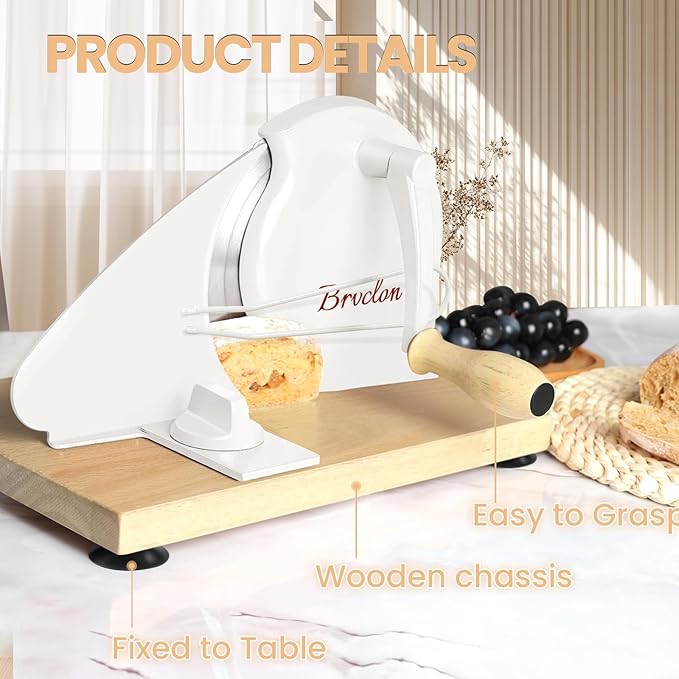 Brvclon Manual Bread Slicer Adjustable Thickness, Hand Crank Bread Slicer for Homemade Sourdough Bread with Scale Line & Suction Cup & Metal Guide,Quality Solid Wood Base & Gift-Level Packaging