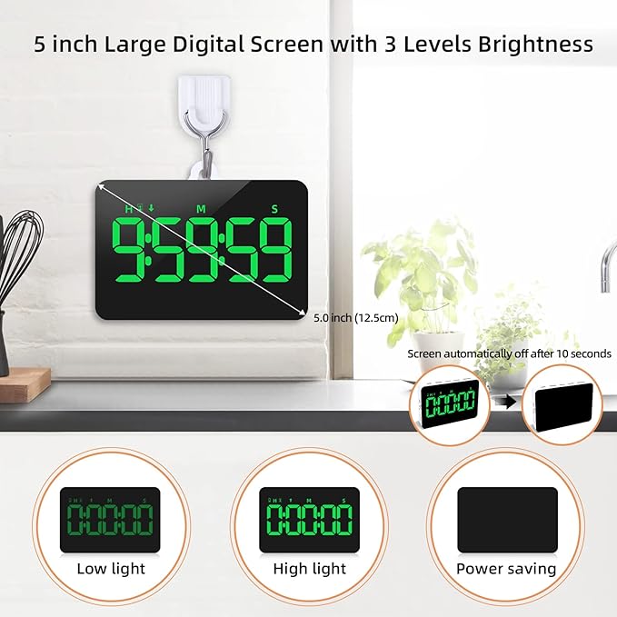 Rechargeable Digital Kitchen Timer for Cooking, Magnetic Timers with Countdown/up, Kids Timer with 5”LED Display 3 Brightness 4 Volume Adjustable for Classroom/Office/Home/Work/Fitness/Game(Green) - Image 3