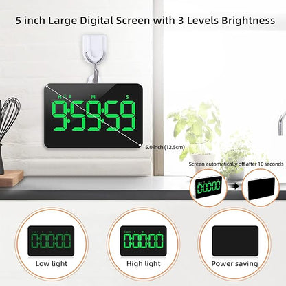Rechargeable Digital Kitchen Timer for Cooking, Magnetic Timers with Countdown/up, Kids Timer with 5”LED Display 3 Brightness 4 Volume Adjustable for Classroom/Office/Home/Work/Fitness/Game(Green) - Image 3