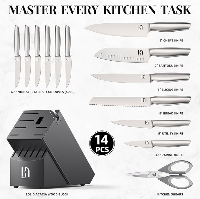 KnifeSaga Knife Set Premium, Kitchen Knife Block Set 14 Pcs Japanese High Carbon Stainless Steel Enduring Razor Sharp, Black Chef Knives Set for Kitchen with Built-in Sharpener and Acacia Wood Block - Image 6